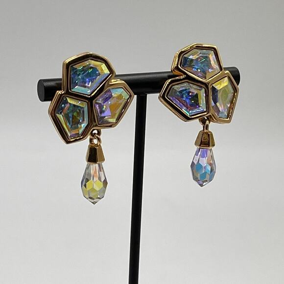 Swarovski Swan Vintage Aurora Borealis Crystal Dangle Chandelier Stud Earrings